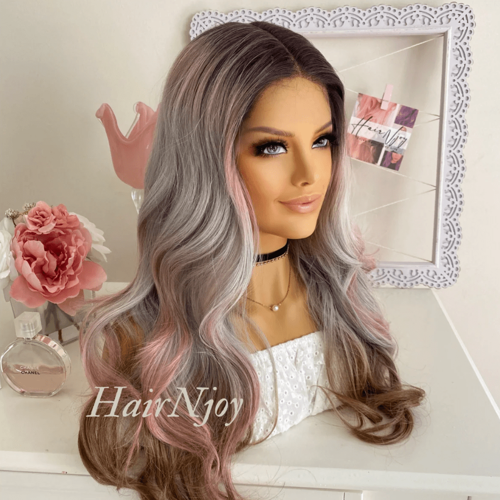 Ash Pink Gray Ombre Highlight Wavy Lace Front Wig - HairNjoy