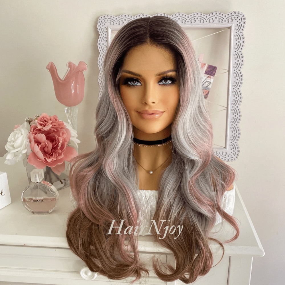Ash Pink Gray Ombre Highlight Wavy Lace Front Wig - HairNjoy