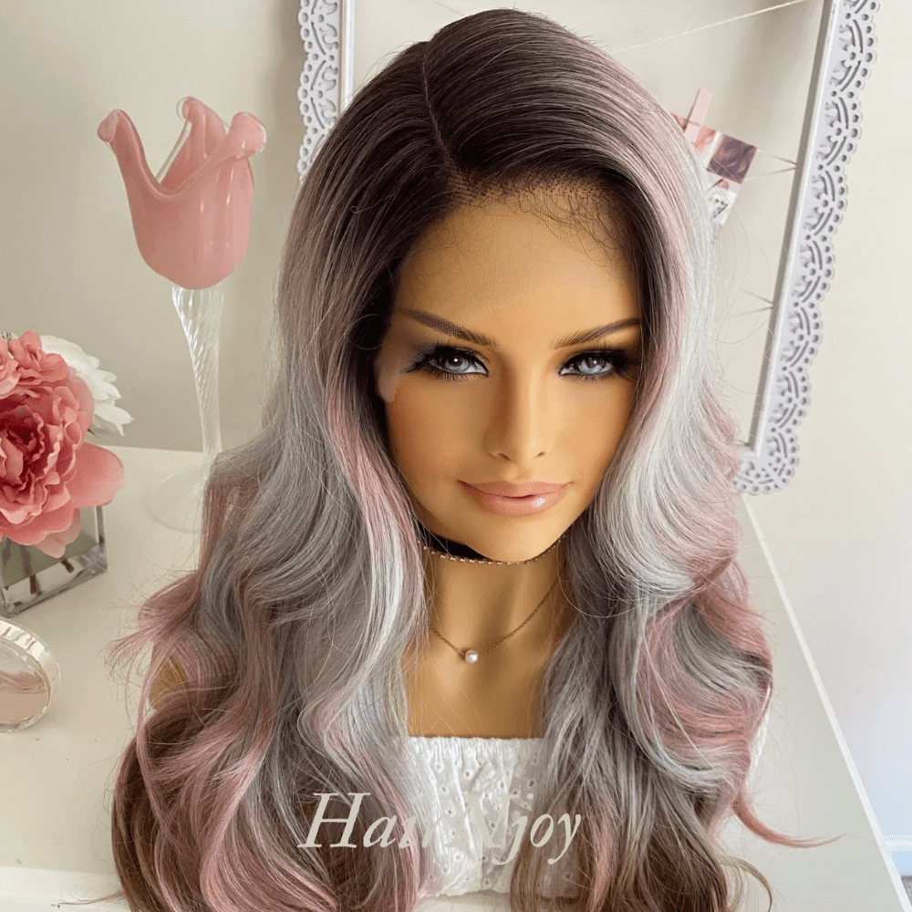 Ash Pink Gray Ombre Highlight Wavy Lace Front Wig - HairNjoy