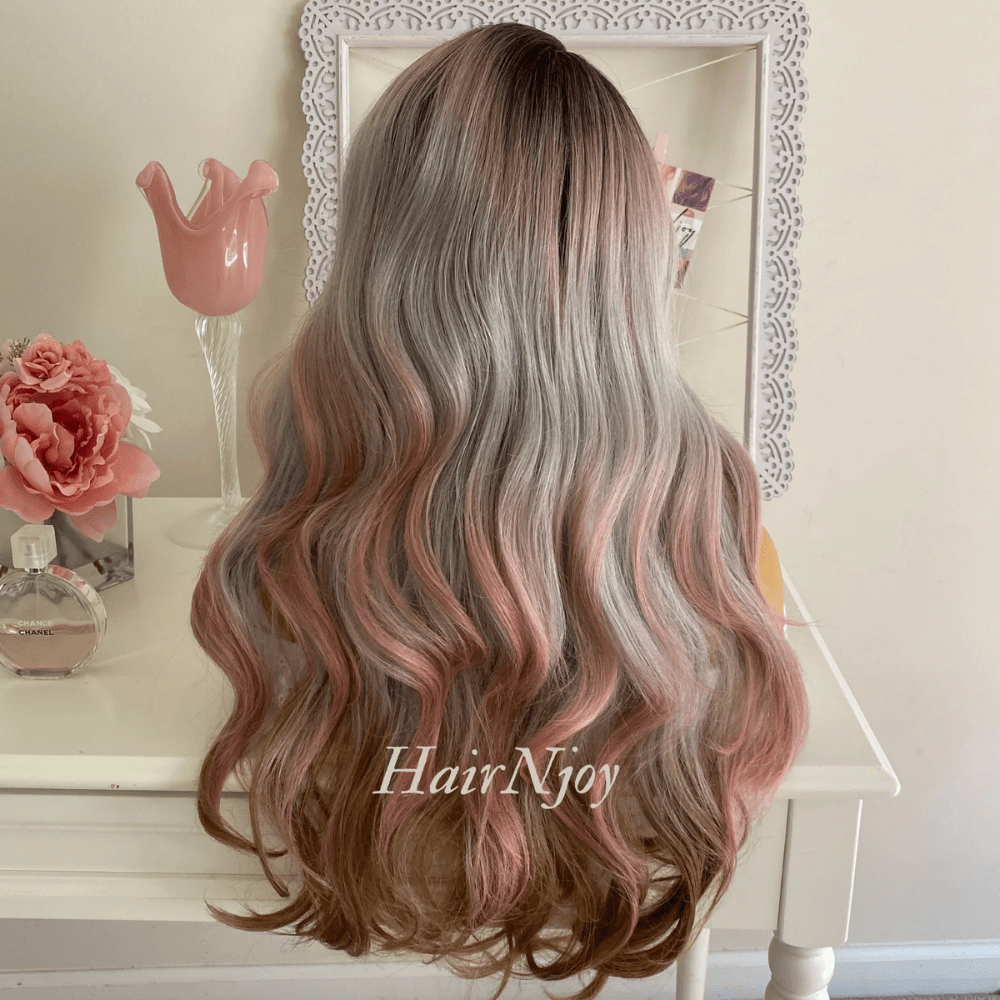 Ash Pink Gray Ombre Highlight Wavy Lace Front Wig - HairNjoy