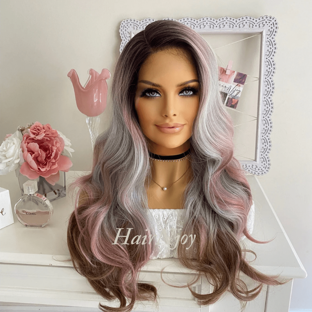 Ash Pink Gray Ombre Highlight Wavy Lace Front Wig - HairNjoy