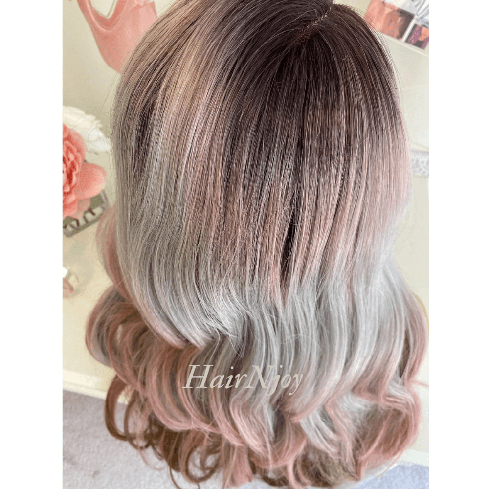 Ash Pink Gray Ombre Highlight Wavy Lace Front Wig - HairNjoy