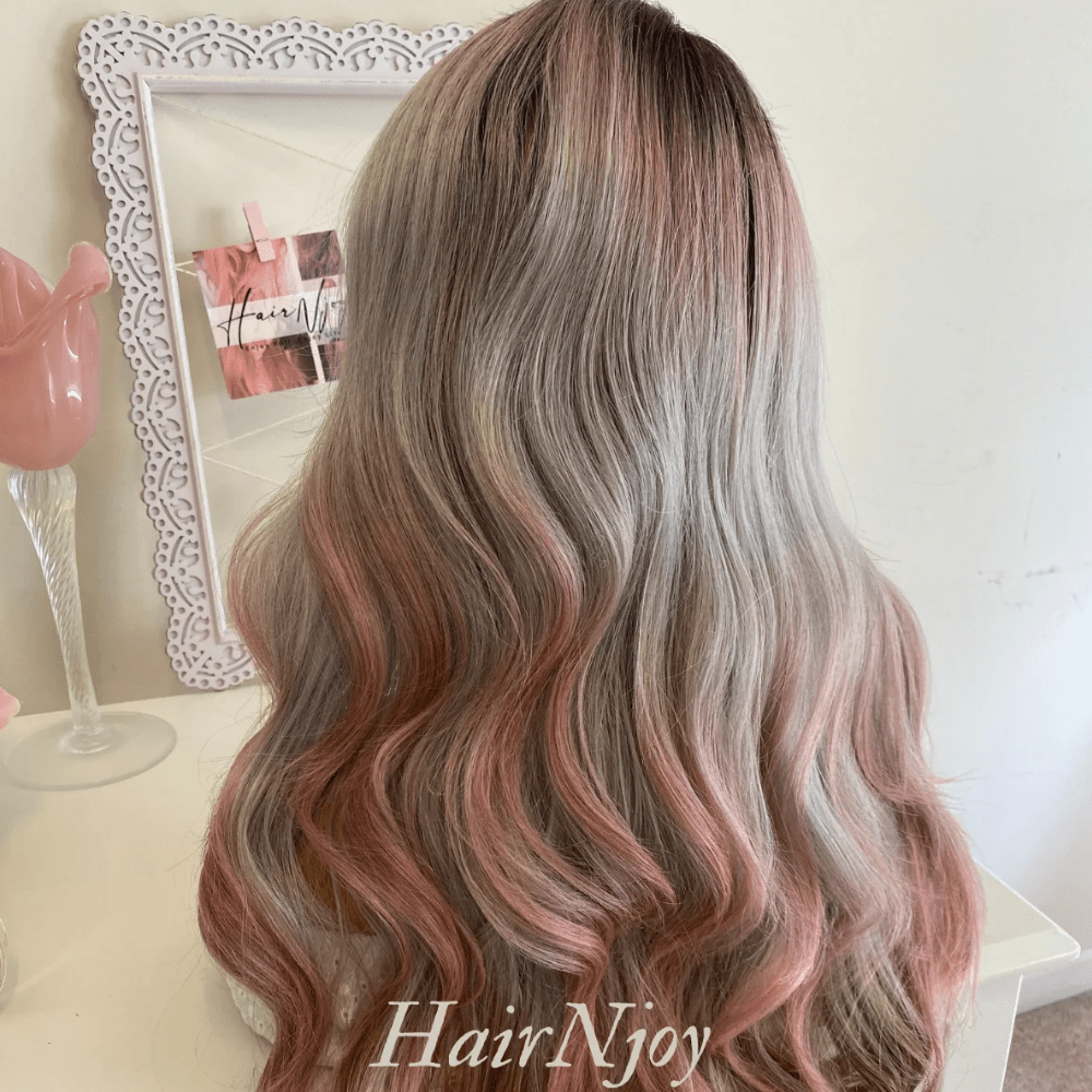 Ash Pink Gray Ombre Highlight Wavy Lace Front Wig - HairNjoy