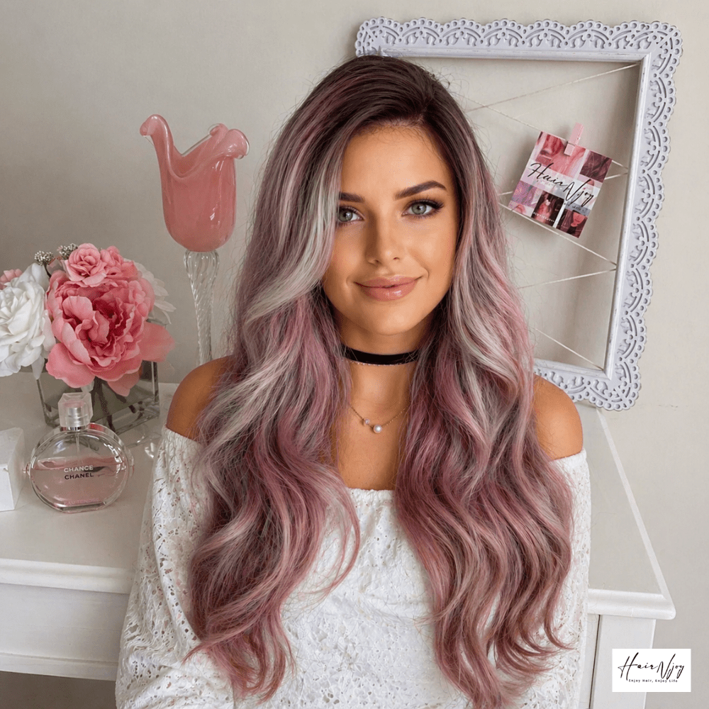 Ash Pink Gray Ombre Highlight Wavy Lace Front Wig - HairNjoy