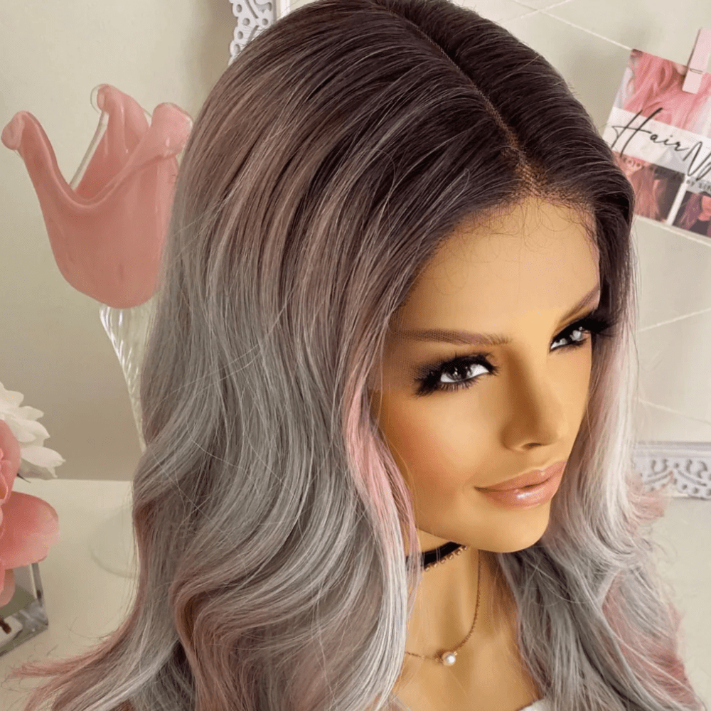 Ash Pink Gray Ombre Highlight Wavy Lace Front Wig - HairNjoy
