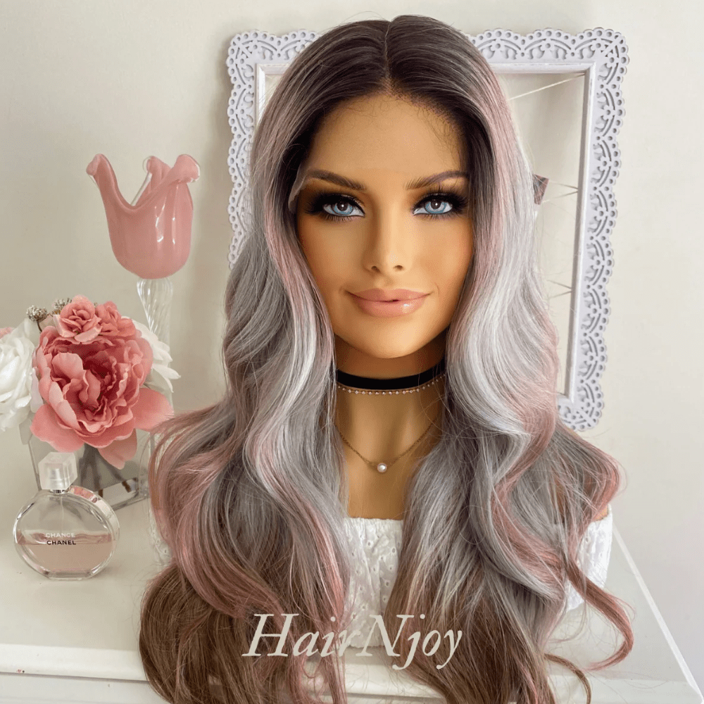 Ash Pink Gray Ombre Highlight Wavy Lace Front Wig - HairNjoy