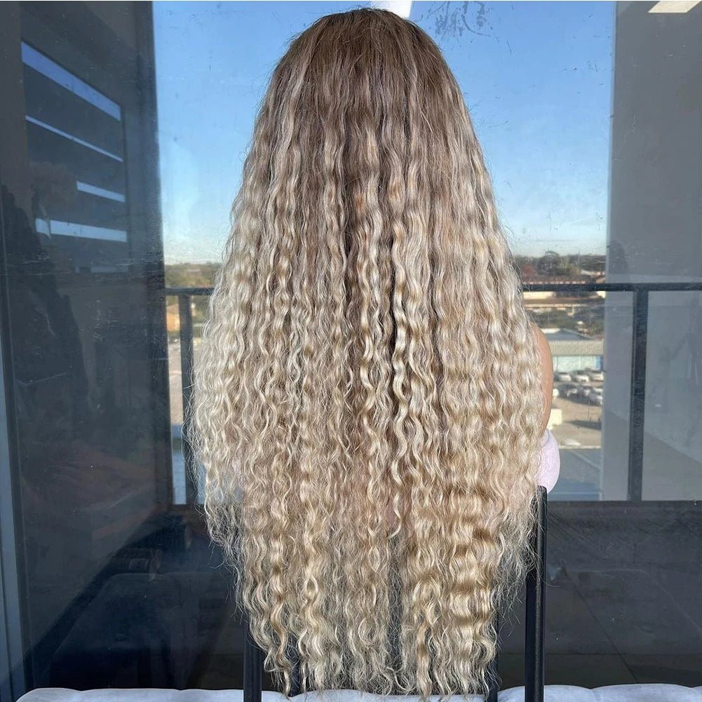 Ashy Blonde Curly Human Hair Wig Dark Roots - HairNjoy
