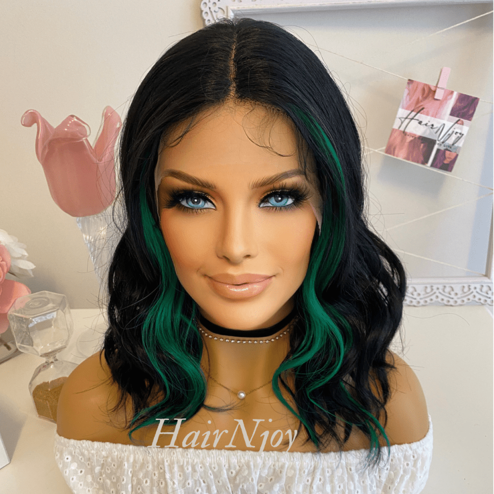 Black Green Balayage Wavy Lace Front Wig - HairNjoy