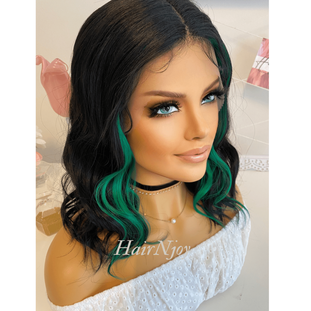 Black Green Balayage Wavy Lace Front Wig - HairNjoy