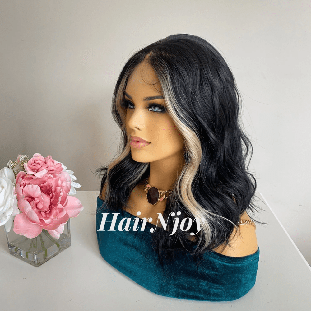 Black Shoulder - Length Wig with Blonde Highlights - HairNjoy