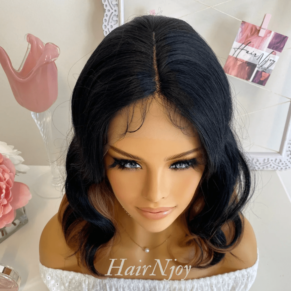 Black Warm Brown Highlights Lace Front Wavy Wig - HairNjoy
