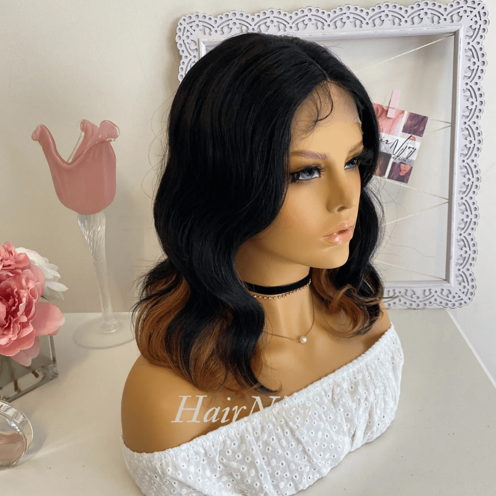 Black Warm Brown Highlights Lace Front Wavy Wig - HairNjoy