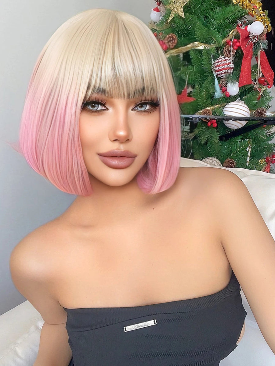 Blonde Gradient Pink Straight Wig with Bangs - HairNjoy