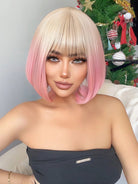 Blonde Gradient Pink Straight Wig with Bangs - HairNjoy