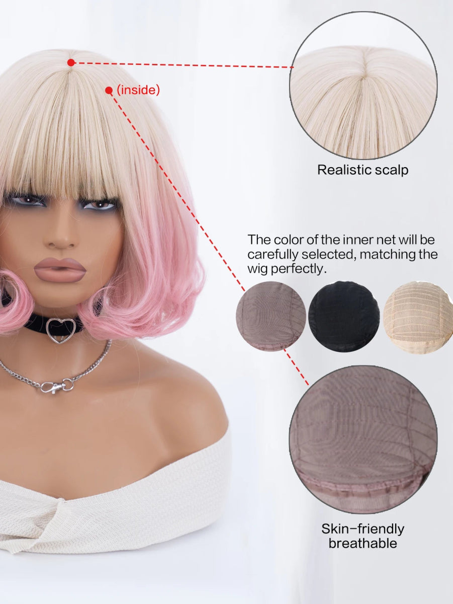 Blonde Gradient Pink Straight Wig with Bangs - HairNjoy