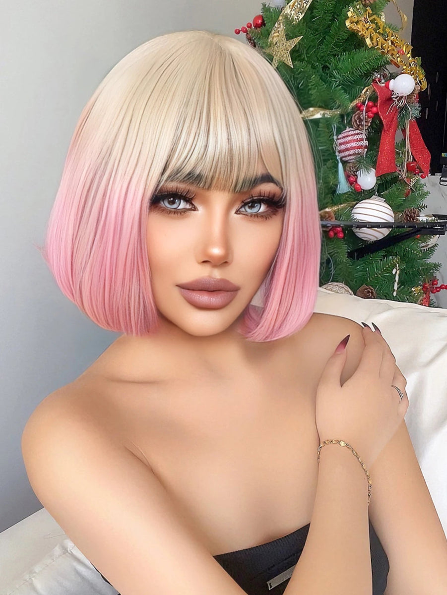 Blonde Gradient Pink Straight Wig with Bangs - HairNjoy