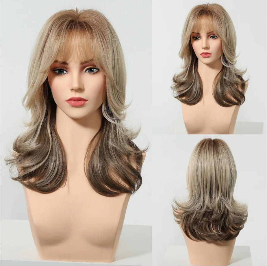 Brown Highlight Long Wavy Wig with Bangs - HairNjoy