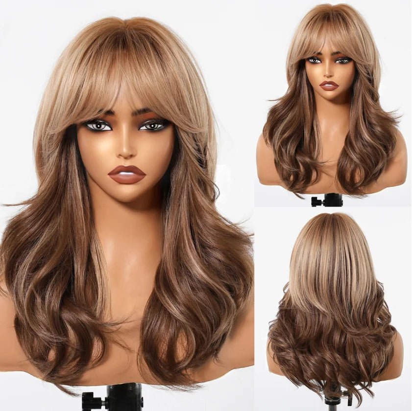 Brown Highlight Long Wavy Wig with Bangs - HairNjoy