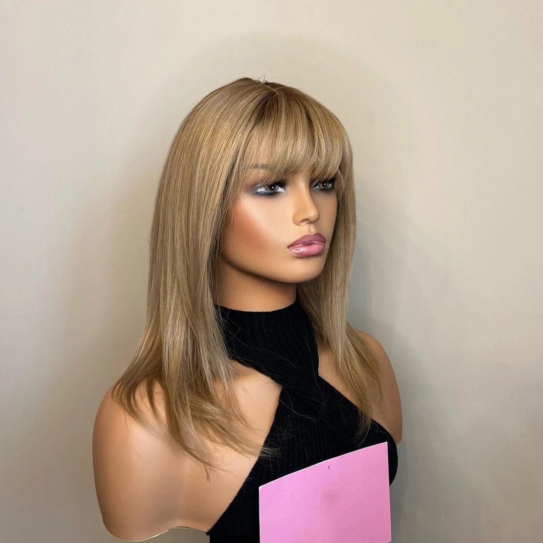Caramel Blonde with Light Brown Roots with Bangs - HairNjoy