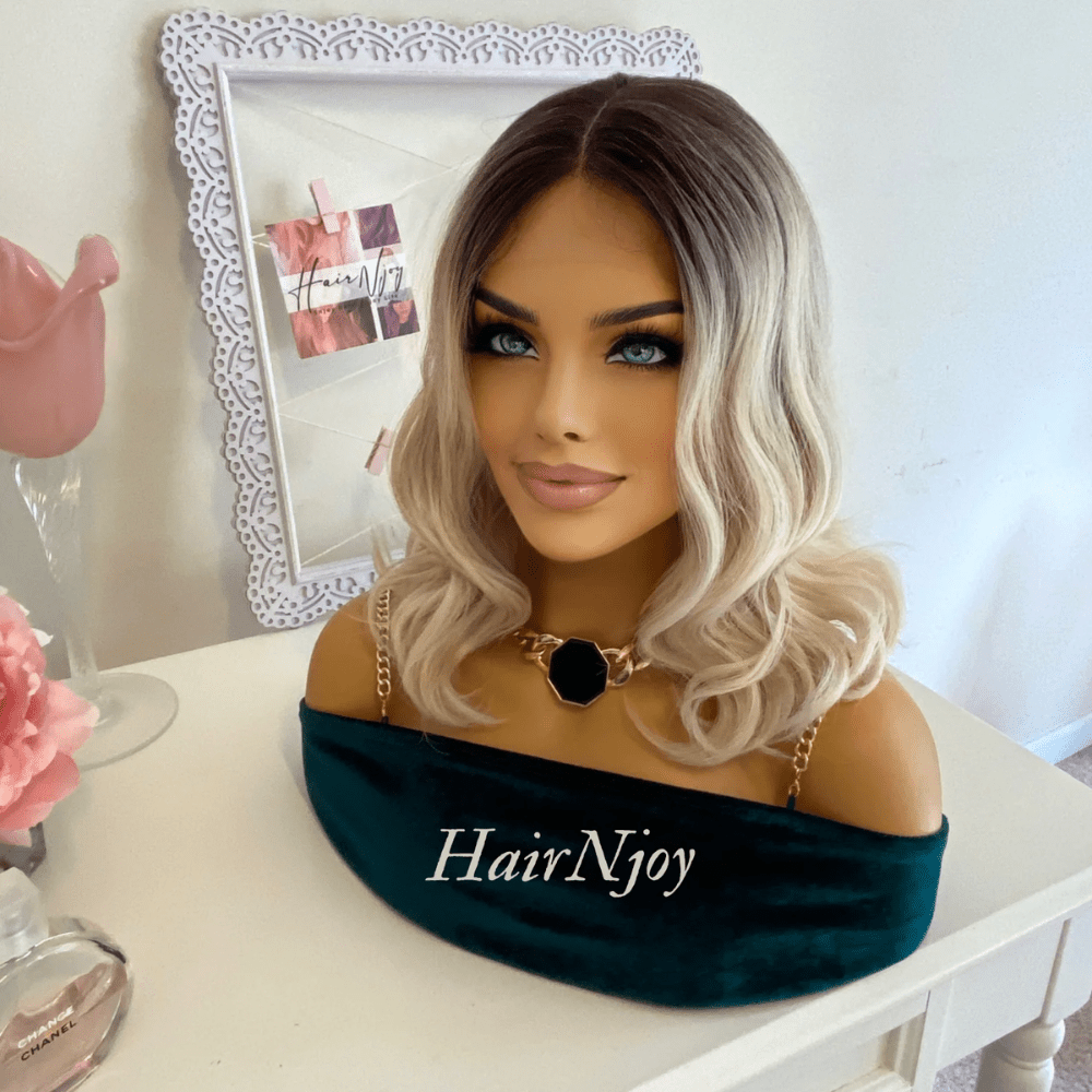 Dark Roots Ash Blonde Ombre Lace Front Wavy Wig - HairNjoy