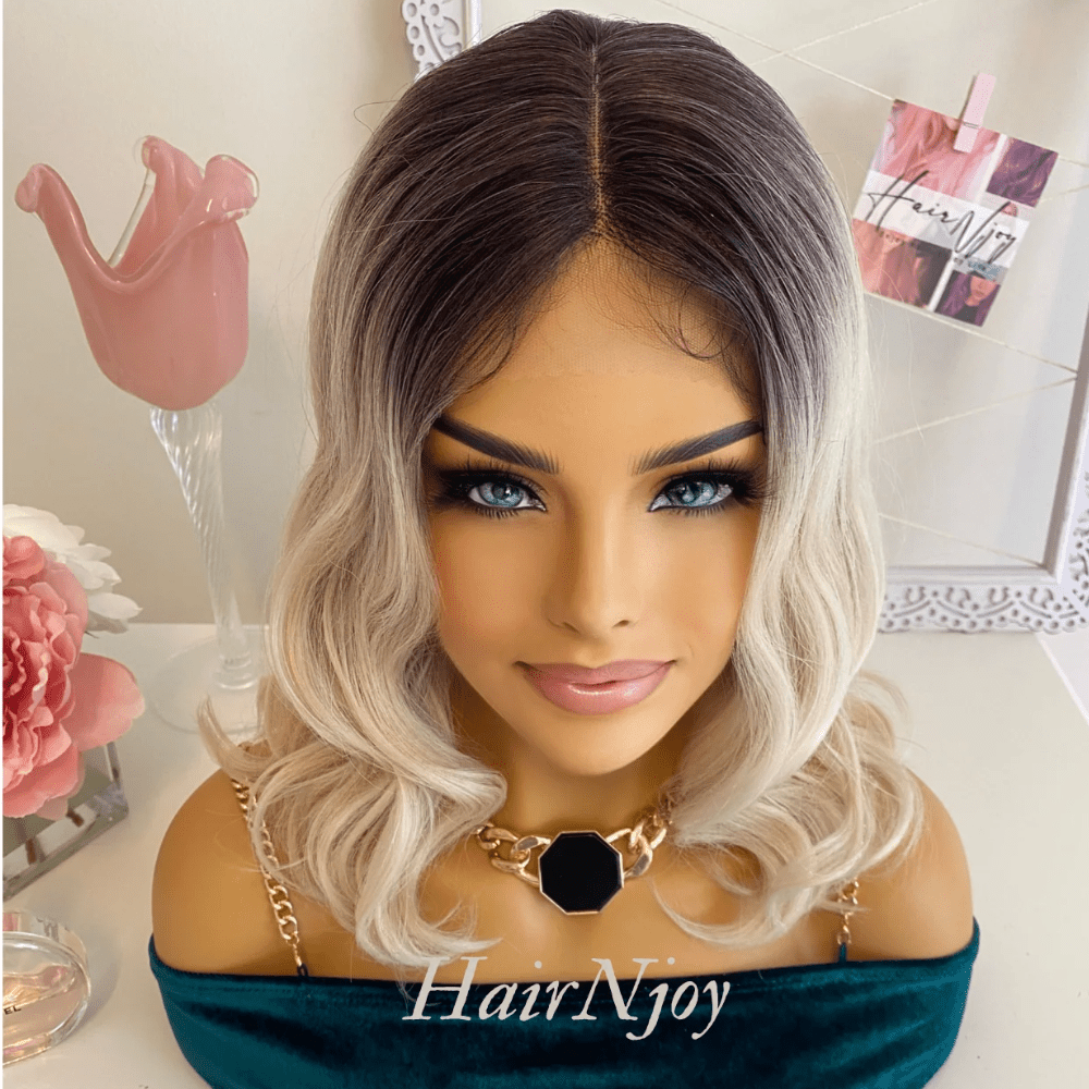 Dark Roots Ash Blonde Ombre Lace Front Wavy Wig - HairNjoy