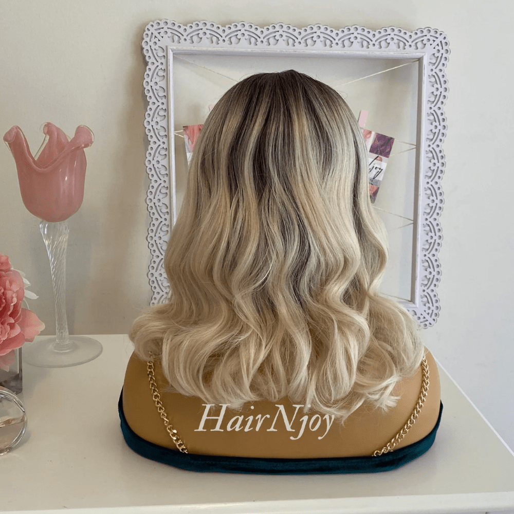 Dark Roots Ash Blonde Ombre Lace Front Wavy Wig - HairNjoy