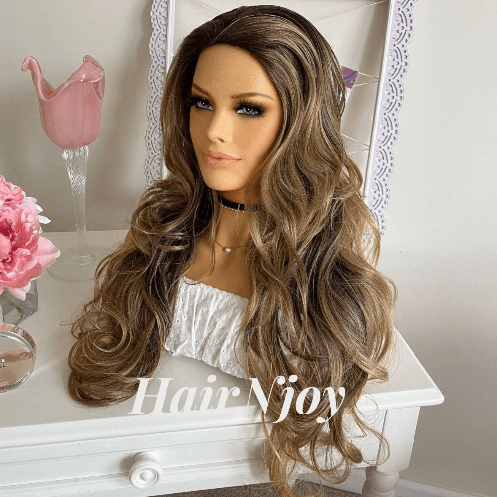 Gold Blonde Brown Long Body Wave Highlight Wig - HairNjoy