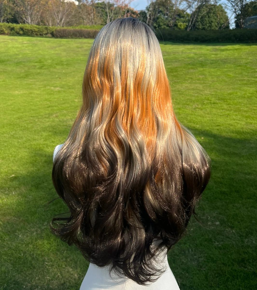 Grey Orange Black Gradient Wavy Wig - HairNjoy