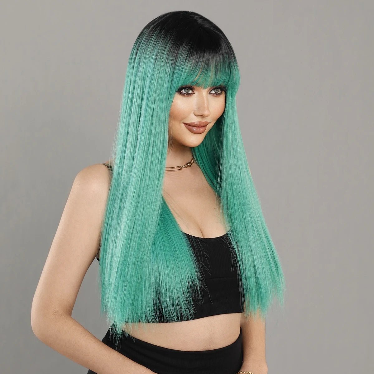 Long Grass Green Wig with Bangs - HairNjoy