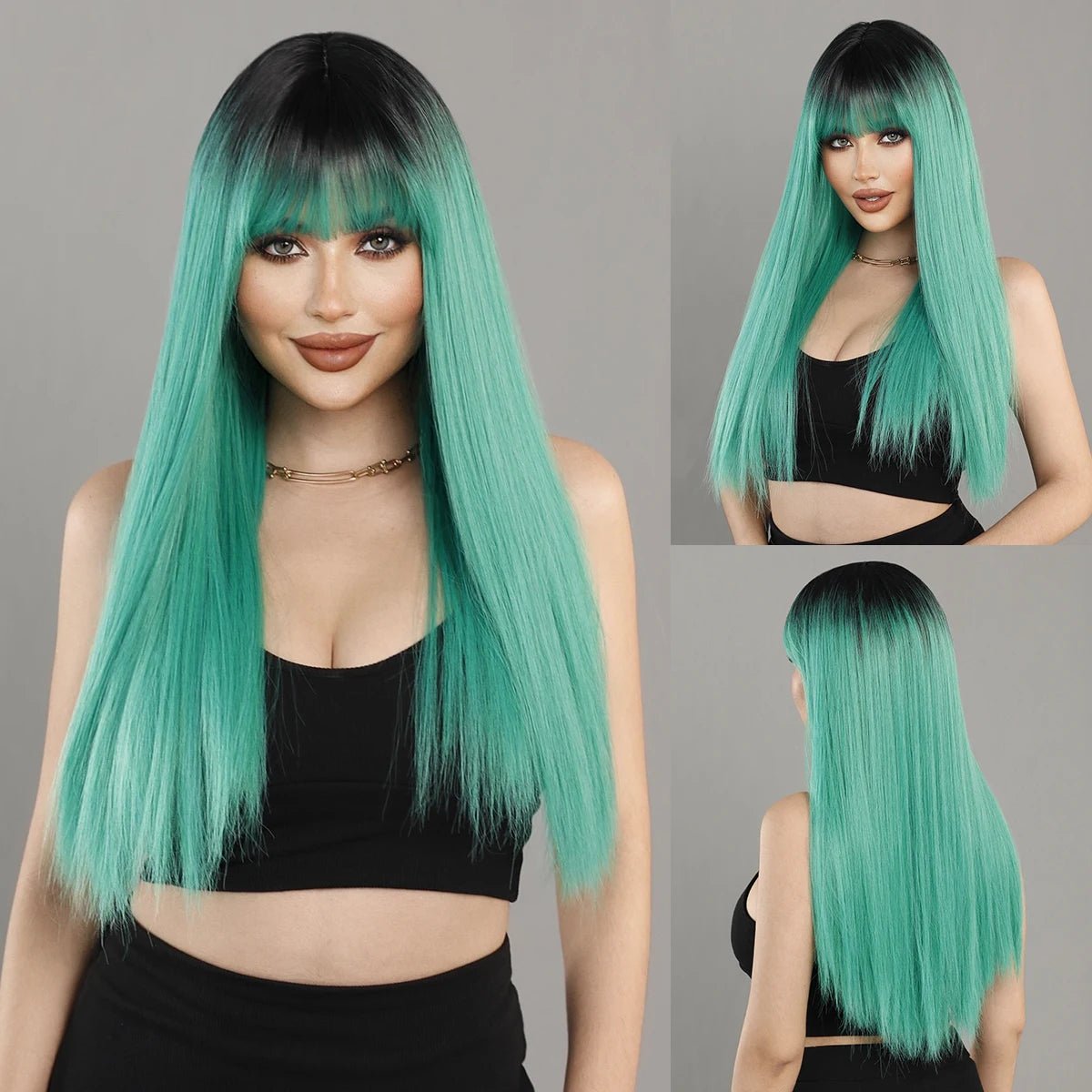 Long Grass Green Wig with Bangs - HairNjoy