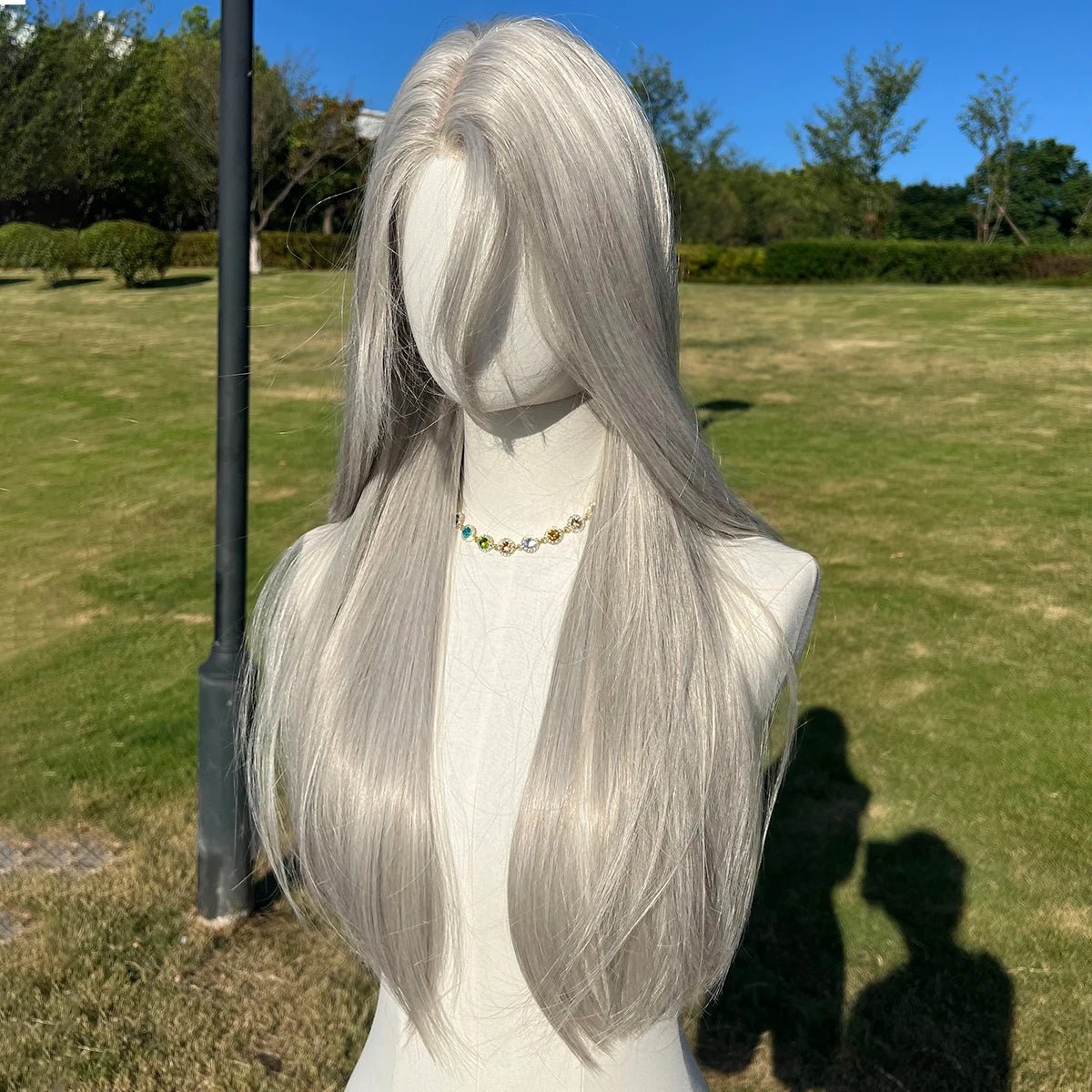 Long Straight Silver Wig With Bangs - HairNjoy