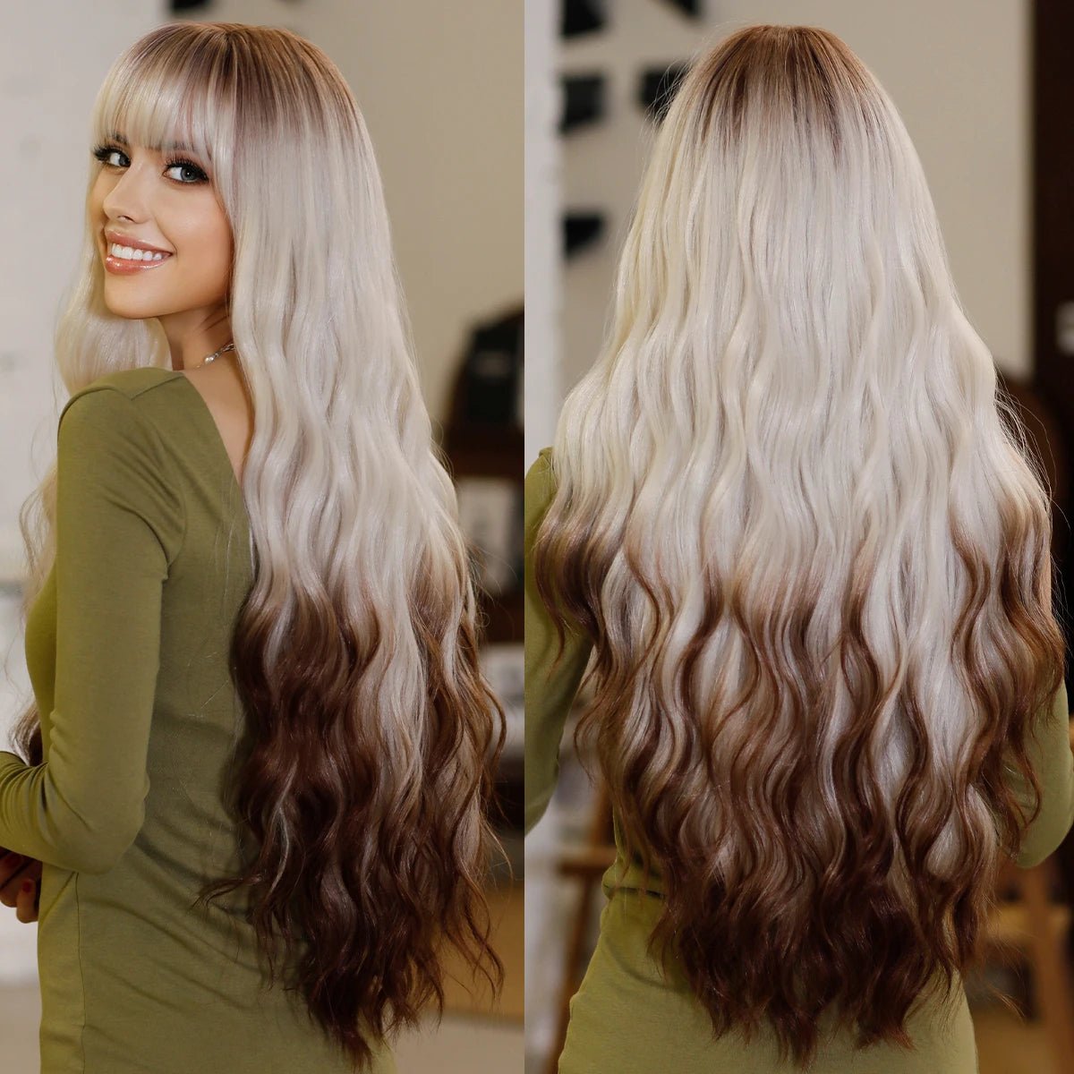 Long Wavy Synthetic Wig with Bangs - HairNjoy