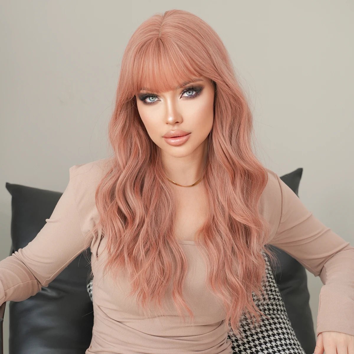 Long Wavy Synthetic Wig with Neat Bangs - HairNjoy