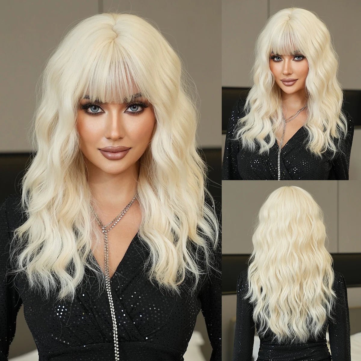 Long Wavy Synthetic Wig with Neat Bangs - HairNjoy