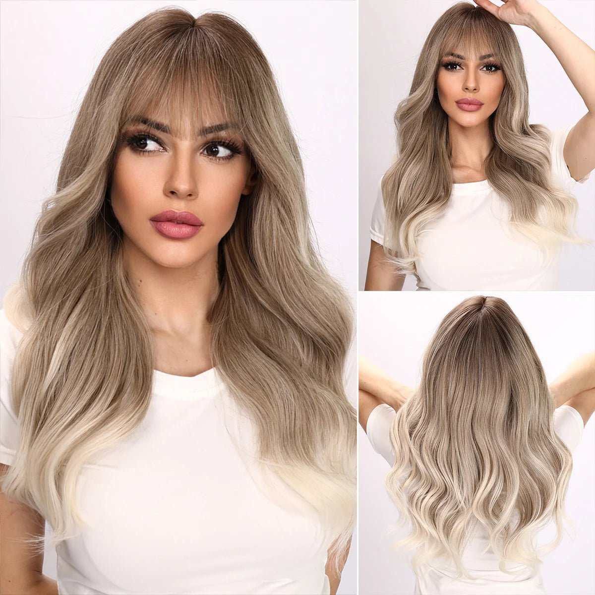 Long Wavy Synthetic Wig with Straight Bangs - HairNjoy