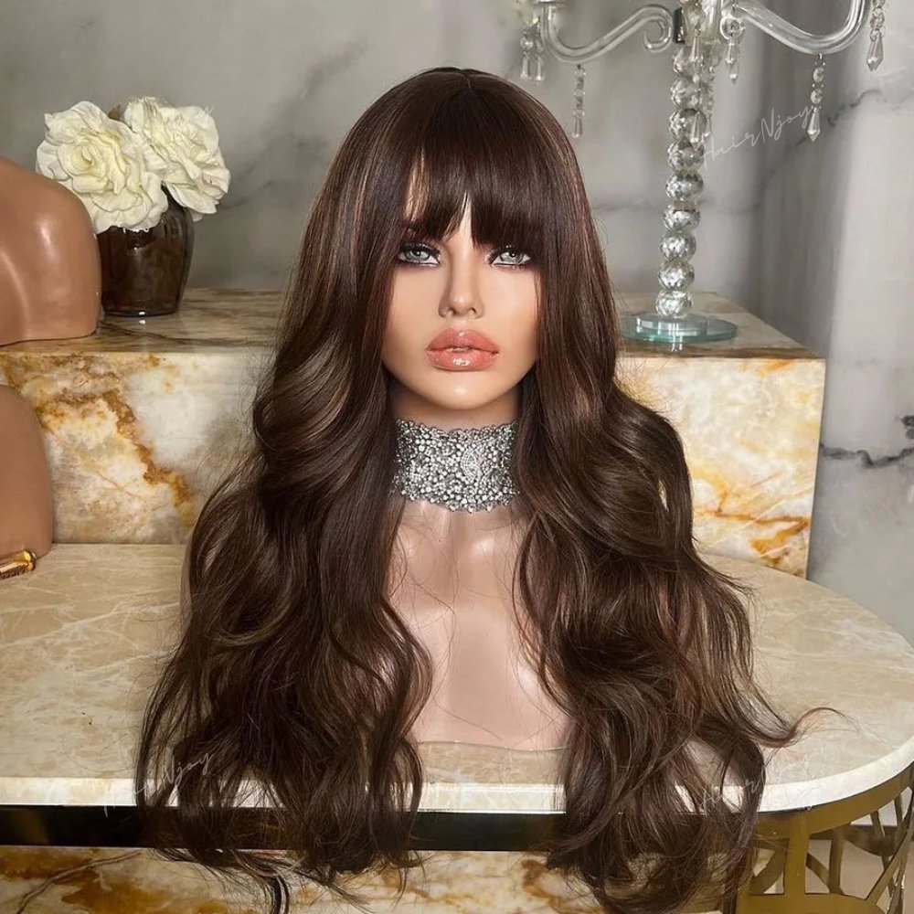 Modern Brown Body Wave With Bangs Wigs - HairNjoy