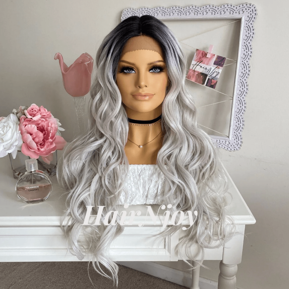 Natural Dark Roots Silver Grey Hair - HairNjoy