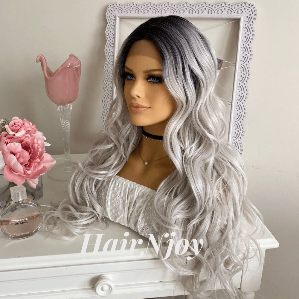 Natural Dark Roots Silver Grey Hair - HairNjoy