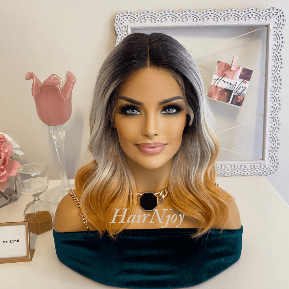 Ombre Black Grey Gold Lace Front Wig - HairNjoy