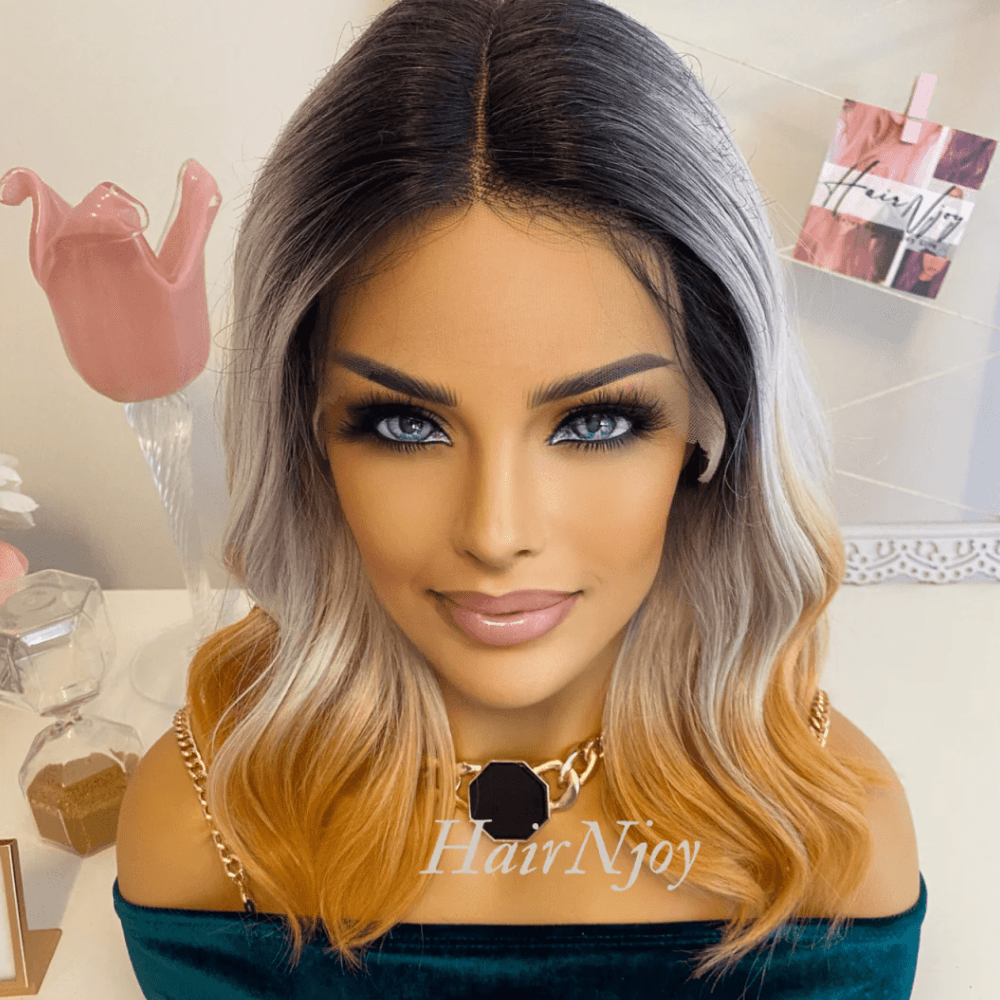 Ombre Black Grey Gold Lace Front Wig - HairNjoy
