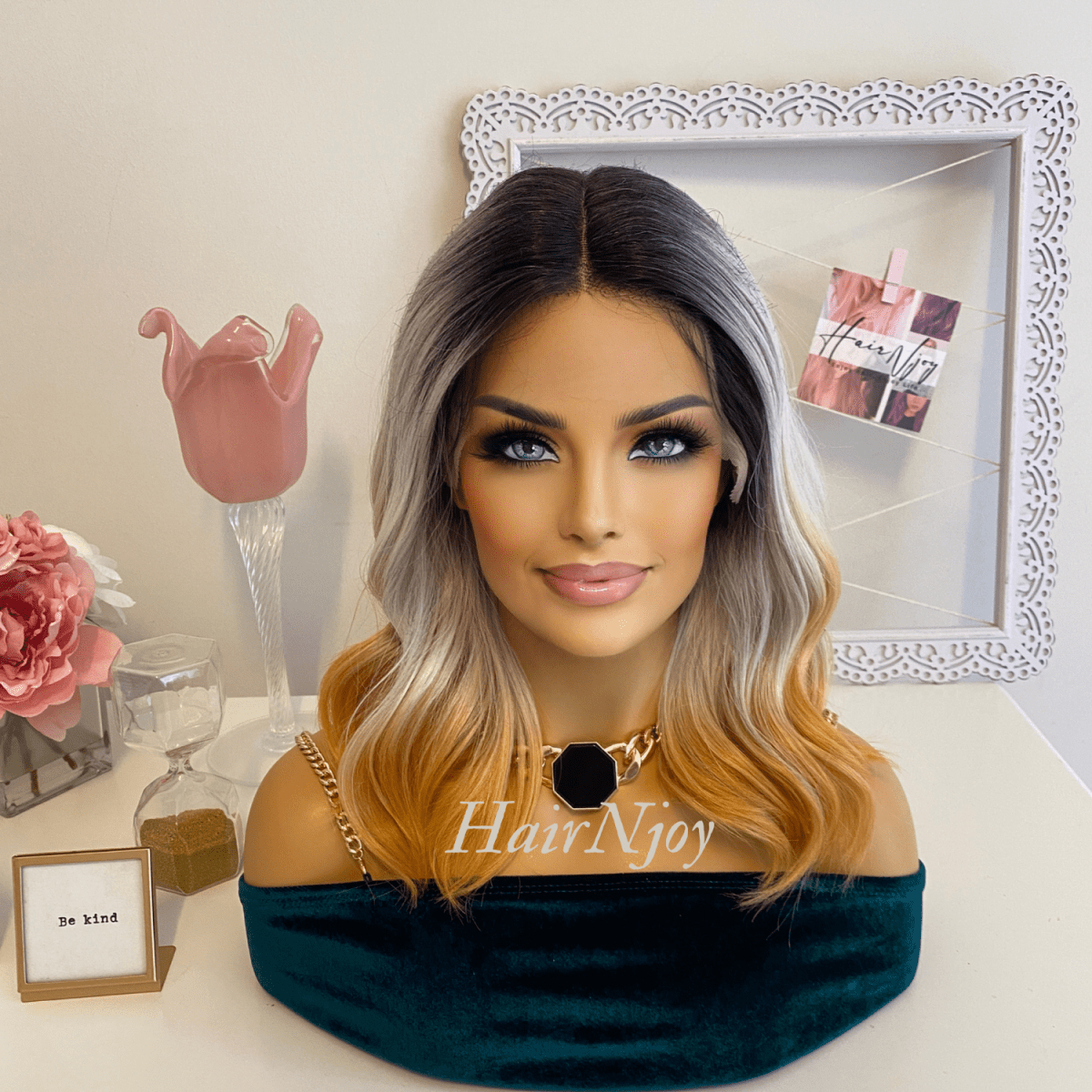 Ombre Black Grey Gold Lace Front Wig - HairNjoy