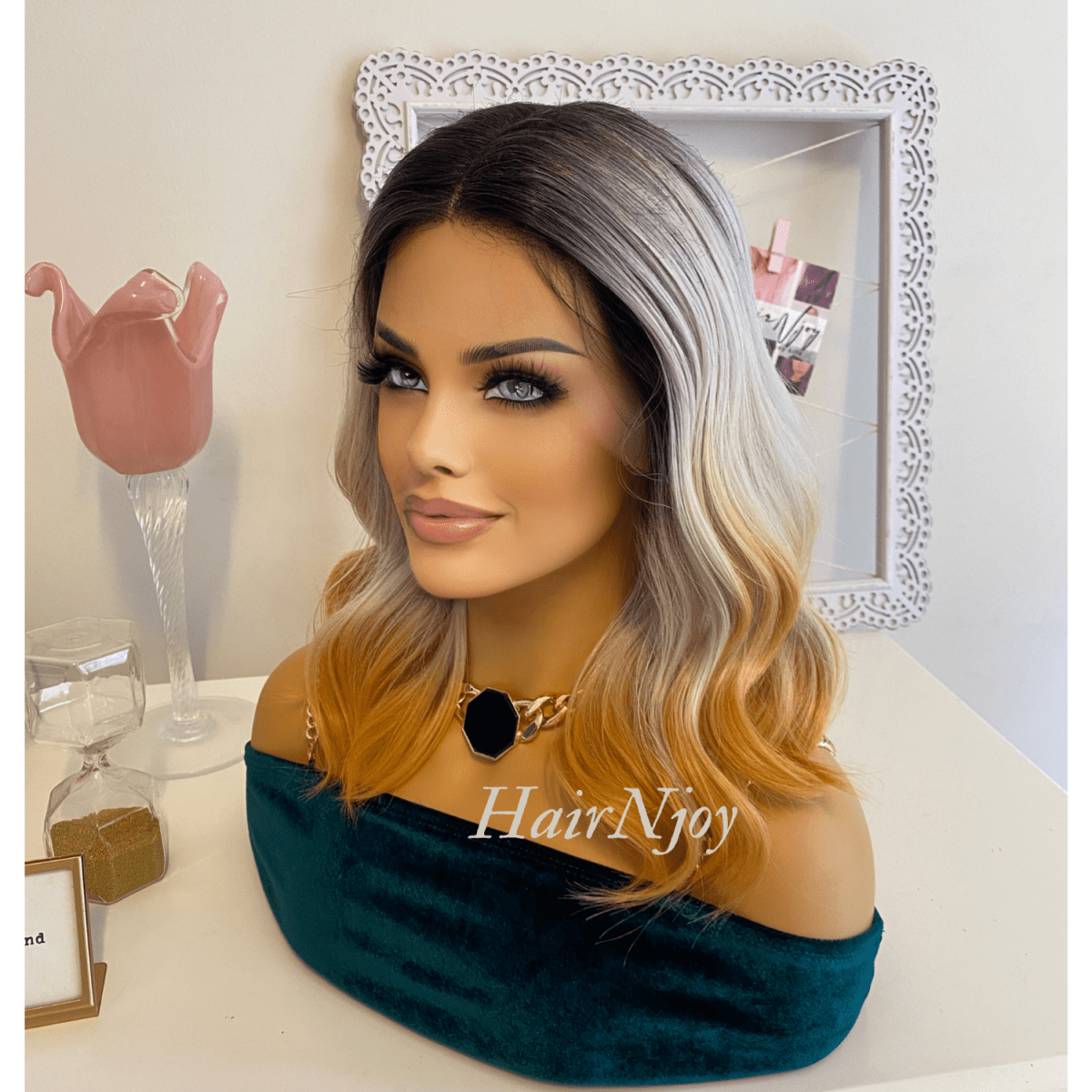 Ombre Black Grey Gold Lace Front Wig - HairNjoy
