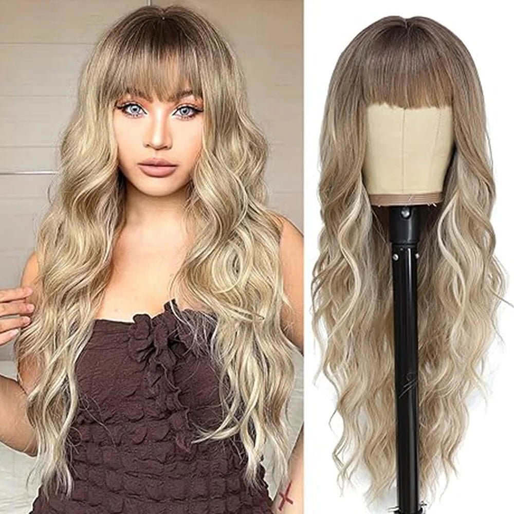 Ombre Blonde Curly Wig with Bangs - HairNjoy