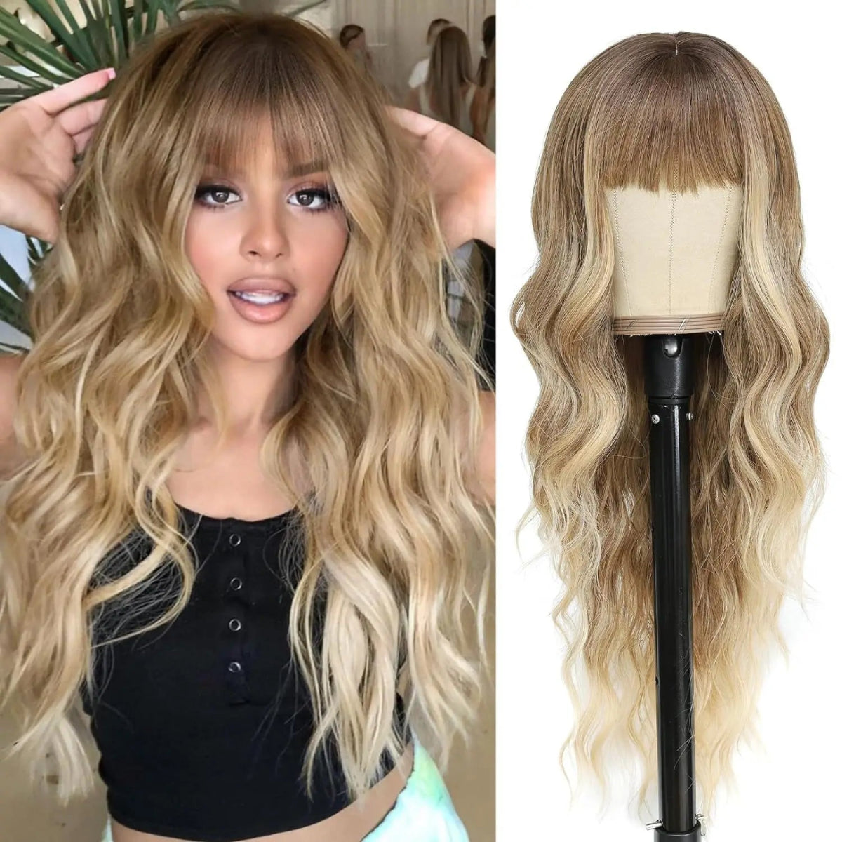 Ombre Blonde Curly Wig with Bangs - HairNjoy