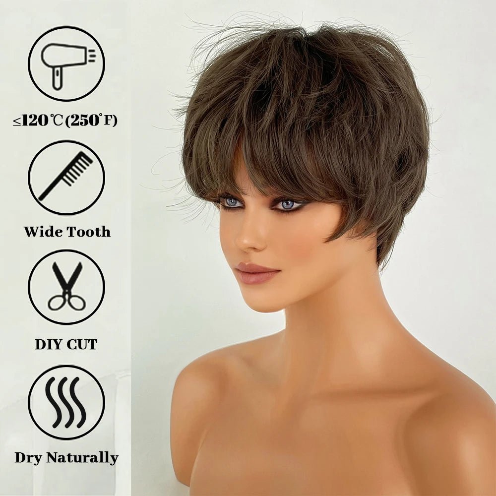 Ombre Brown Pixie Cut Wig with Bangs - HairNjoy