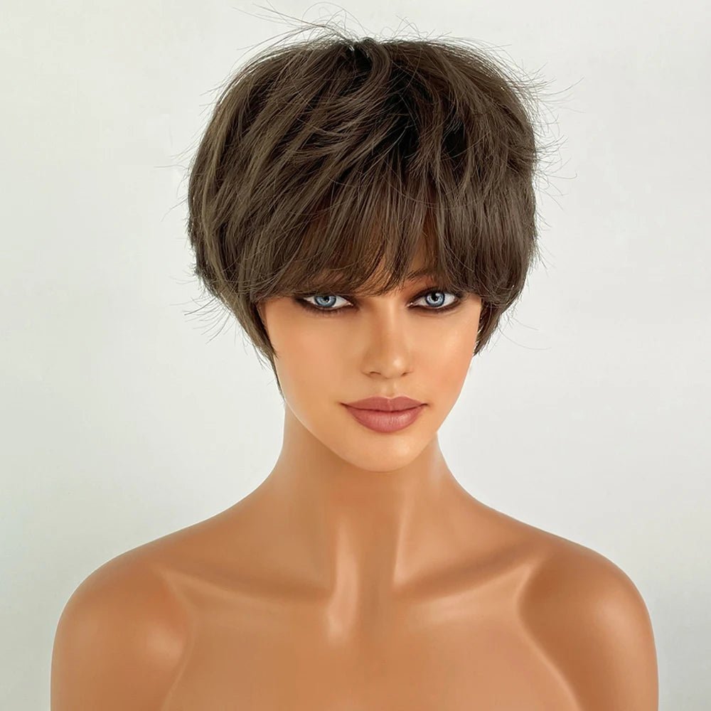 Ombre Brown Pixie Cut Wig with Bangs - HairNjoy