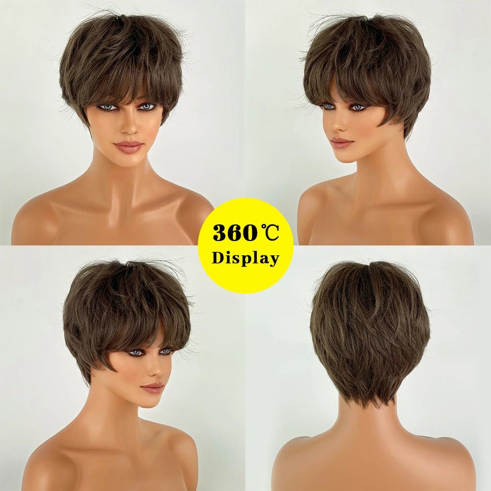 Ombre Brown Pixie Cut Wig with Bangs - HairNjoy