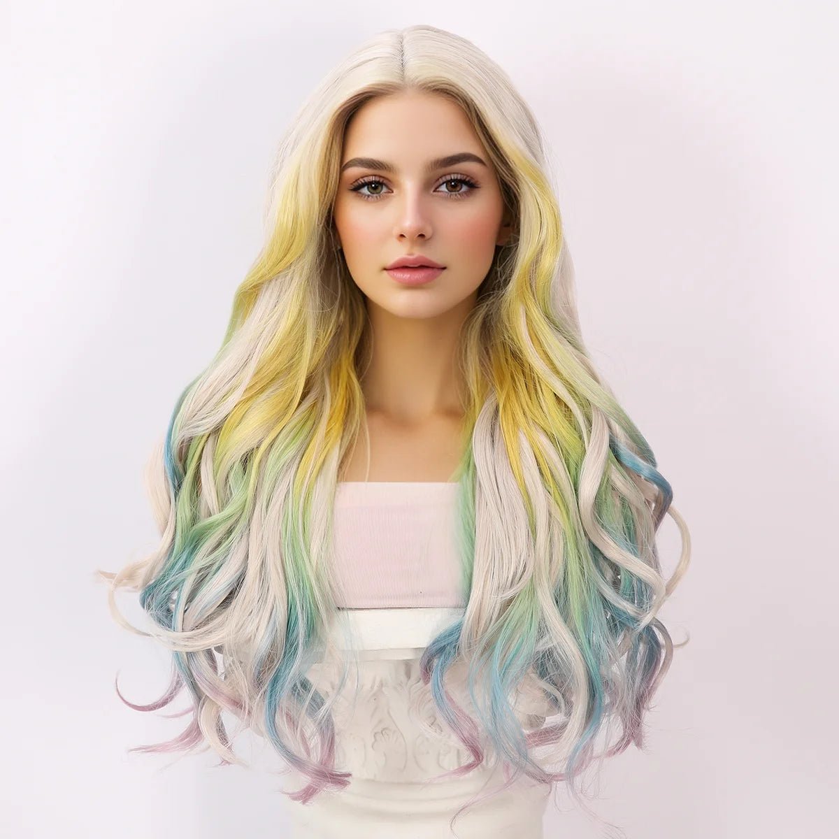 Rainbow Gradient Highlight Wavy Wig - HairNjoy