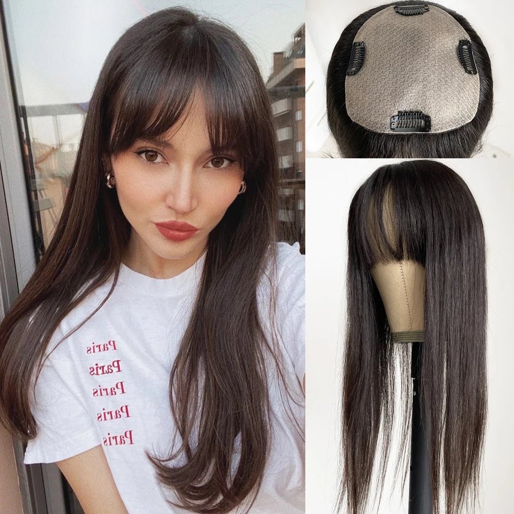 Silk Base Human Hair Topper with Bangs - HairNjoy