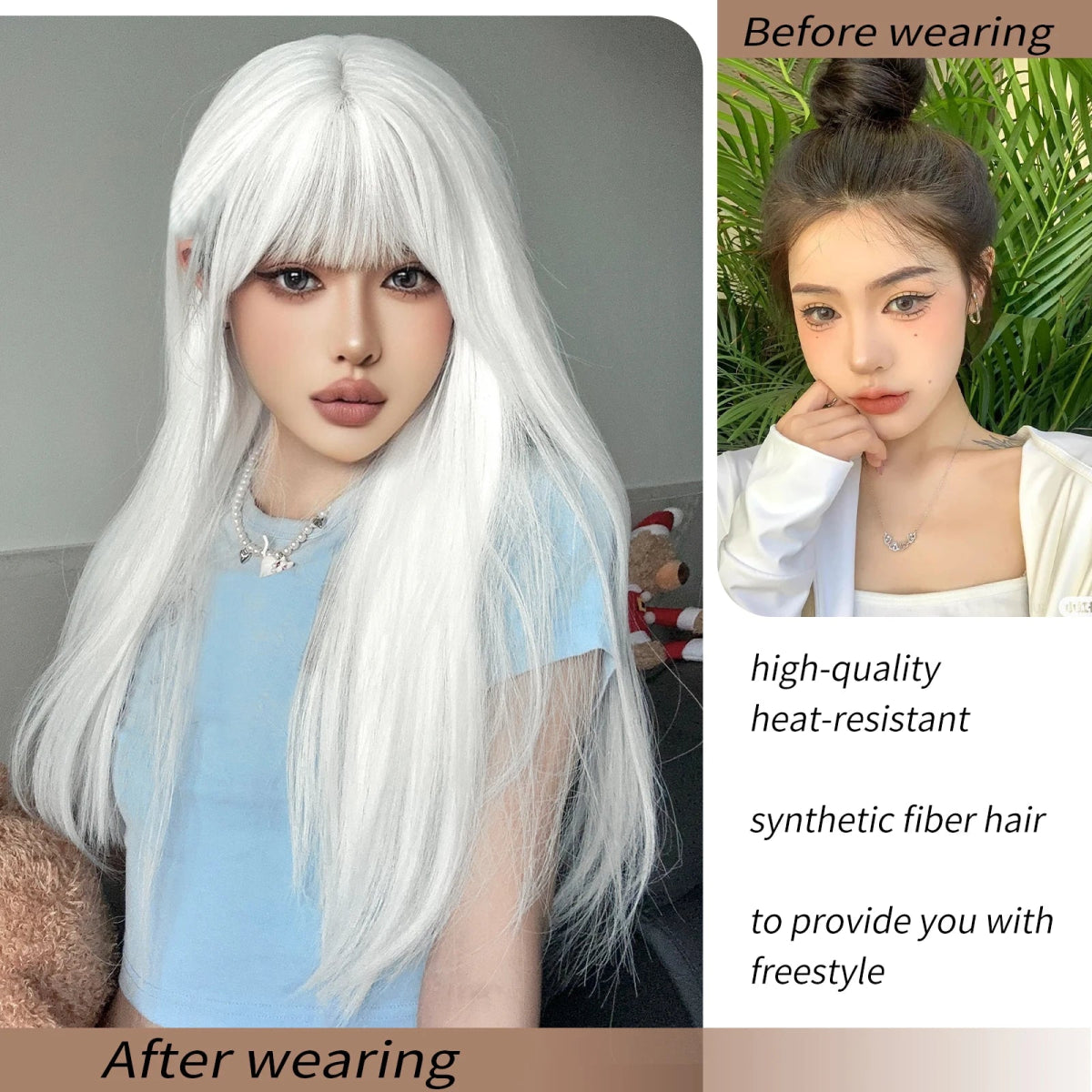 White Straight Wig with Bangs - HairNjoy